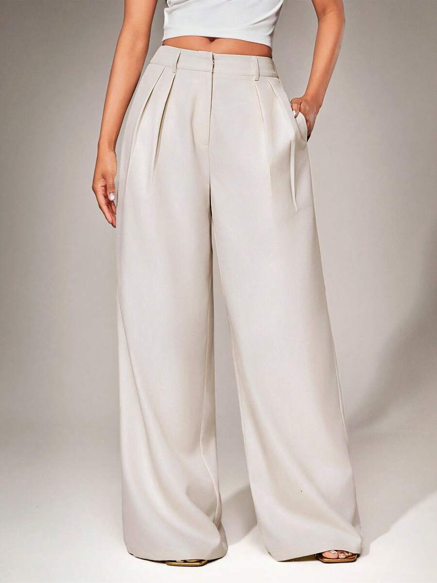 Radiana 女士夏季简约宽松卡其色阔腿裤，舒适亚麻长裤，办公休闲裤，卡其色阔腿裤，高腰阔腿裤，卡其色西装裤，高腰裤，女士长裤 - 卡其色 - 查看 1