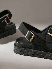 Solecia Sandalias casuales de mujer con diseño de hebilla y suela gruesa, versátiles para uso diario para Navidad - Negro. - Ver 5