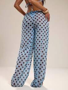 SHEIN BAE 女士雪纺罩衫，优雅性感休闲波点薄纱沙滩装，低腰阔腿裤，夏季，春假，情人节，女士沙滩装，生日，外出，波点，沙滩裤，2026夏季新款沙滩装，沙滩派对 - 藍色 - 查看 3