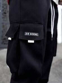 Artur Kramer 男士字母图案翻盖口袋抽绳腰工装裤，秋季 - 黑色 - 查看 3