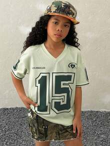 少女春夏V领短袖拼接袖口数码印花T恤 - 軍綠色 - 查看 3