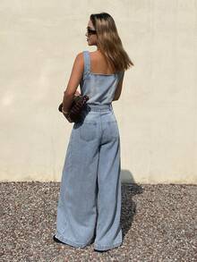 DAZY Women's Waist Belt Loose Fit Straight Leg Casual Denim Jumpsuit Y2k - Light Wash - View 6