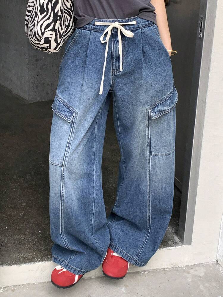 Women's Drawstring Waist Loose Straight Leg Cargo Pants With Large Pockets, Casual City Street Style Jeans