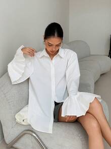 EastFlair Camisa blanca con puños con volantes al estilo coreano para mujer - Blanco - Ver 1