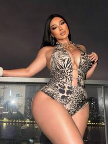 Swim SXY 2026 New Plus Size Halter Neck One-Piece Swimsuit, Sexy Deep V-Neck Backless Leopard Print, Fashion Party Beach Holiday - Brown - View 5