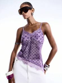 LYSMO Áo camisole thời trang nữ phối ren chấm bi tương phản - Màu tím - Xem 4