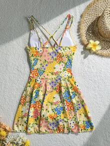 Swim Vcay Women's Summer Beach Floral Print Drawstring Criss-Cross V-Neck Ruffle Skort Swimsuit Cover Up - Multicolor - View 5