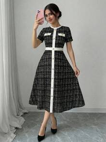 SHEIN Teenager Mädchen Kleid mit Karomuster, weißem Kontrastbesatz, Metallschnallen-Dekor, elegantem Kurzarm A-Linie, Herbstkleid, kariertes Midi, schwarzer Tweed - Schwarz - Übersicht 6