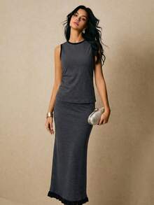 Lymera Spring/Summer New Women's Fashion Minimalist Versatile Commuting Knit Striped Camisole + Ruffle Hem Skirt 2-Piece Set - Multicolor - View 6