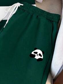 Manfinity Joysei 男士休闲绿白条纹熊猫图案T恤套装（2件装），适合上学、外出、送朋友等场合。 - 綠色 - 查看 4