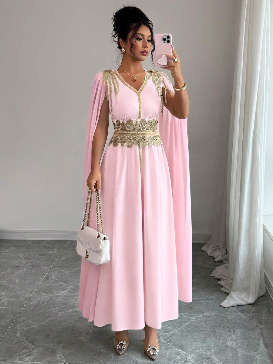 Elenzga Women's V-Neck Ruched Waist Elegant Long Party Dress - Pink - View 1