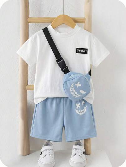 SHEIN 3pcs/Set Babybo Summer Casual Letter Print Short Sleeve T-Shirt, Elastic Waist Shorts, Bonus Crossbody Bag Set