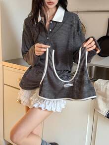 DAZY Women's Retro College Style Loose Striped Long Sleeve T-Shirt, 2 In 1 Korean T-Shirt - Coffee Brown - View 7