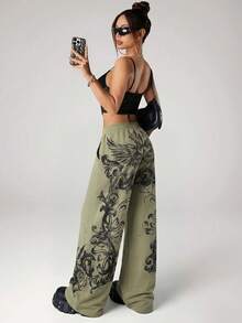 SHEIN ICON Women's Elastic Waist Pocket Wing Pattern Casual Versatile Daily Wear Wide Leg Pants - Volcanic Gray - View 5