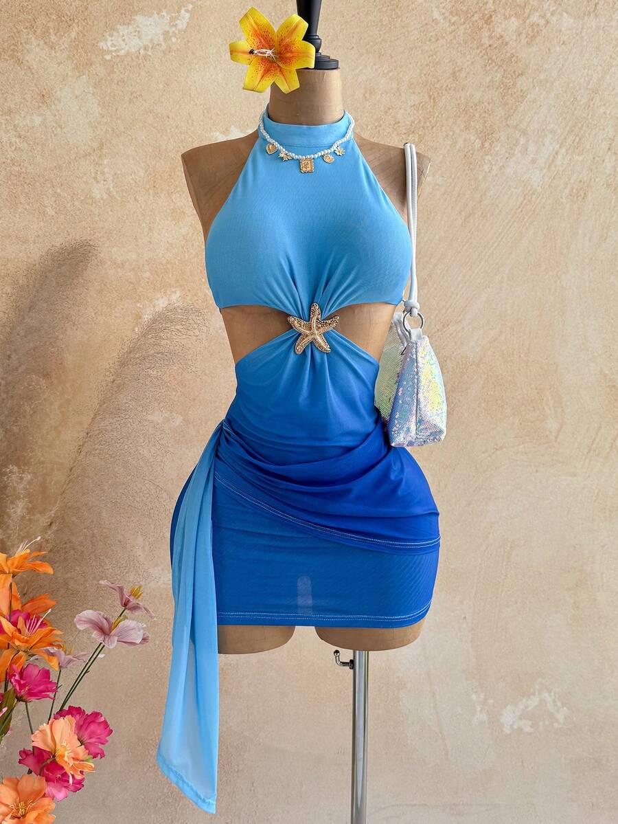 Soleia Women's Gradient Backless Halter Mini Dress, Suitable For Beach Vacation,Summer Dress,Vacation Dress - Multicolor - View 1