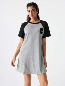 Loungeista Summer Color Block Letter Print Round Neck T-Shirt Sleep Dress Pajama Dressfor Summer - Light Grey - View 3