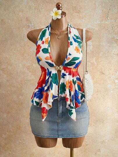 BamGleam Women's Sexy Printed Vacation Style Metal Buckle Lace-Up Spaghetti Strap Camisole, Spring/Summer