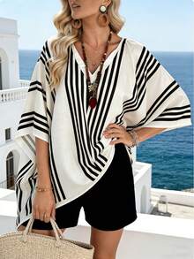 EMERY ROSE 2pcs/Set Summer Casual Striped Batwing Top And Shorts Set - Multicolor - View 3