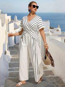 EMERY ROSE Plus Size Striped Criss-Cross V-Neck Short Sleeve Jumpsuit - Apricot - View 6