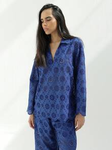 KSTM Women's Eyelet Embroidered V-Neck Long Sleeve Top And Wide Leg Palazzo Pants Schiffli Co-Ord Set Summer Casual Two Piece Outfit - Blue - View 5