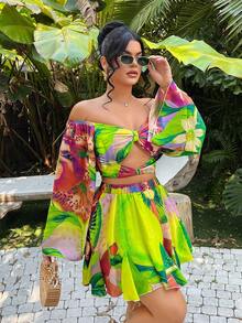SHEIN SXY Women's Pink And Yellow Tropical Print Off-Shoulder Hollow Out Flare Sleeve Top And Skirt 2-Piece Set,Boho Vacation Beach Ibiza Autumn Summer Spring - Multicolor - View 5