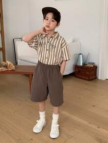 Dazy Kids Chemise à manches courtes à rayures et imprimé lettres à simple boutonnage et short de poche de couleur unie, tenue décontractée d'été pour garçon préadolescent - Tabac - Voir 8