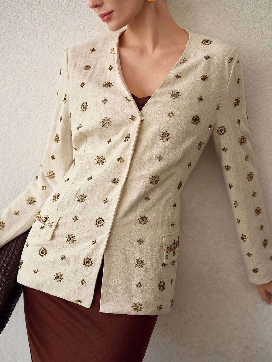 MOTF PREMIUM ELEGANT BEADED EMBROIDERED WOMEN'S THIN BLAZER - Apricot - View 2