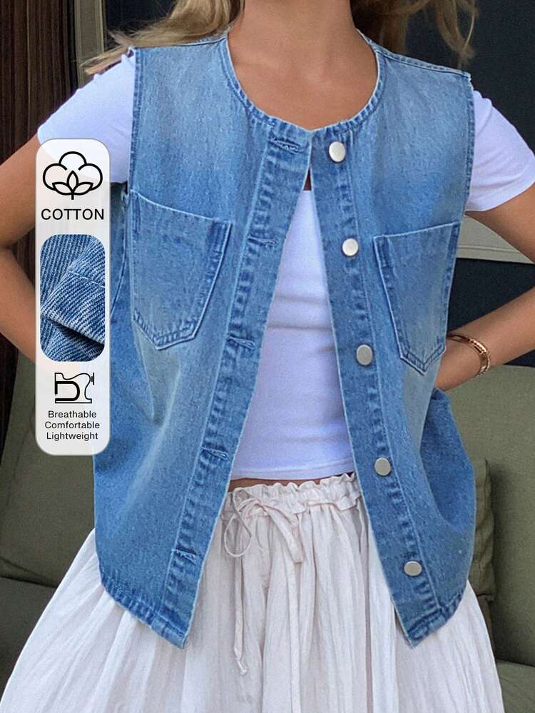 Women's Round Neck Sleeveless Pocket Decor Open Front Casual Washed Denim Blouse