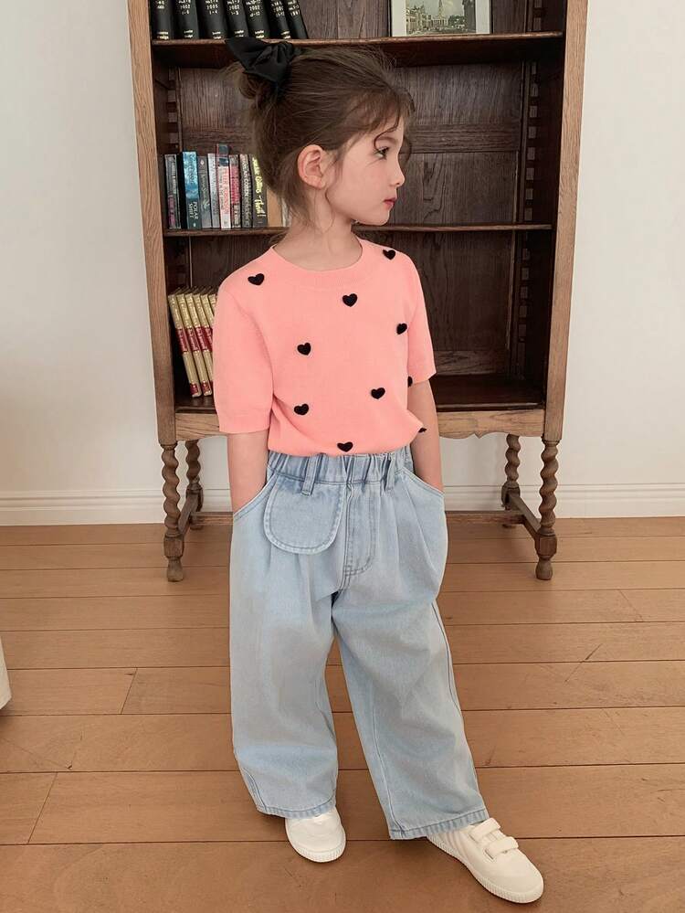 Young Girl Casual Washed Loose Elastic Waist Jeans