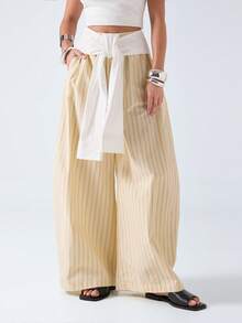 LYSMO Women's Striped Knotted Casual Versatile Wide Leg Pants For Daily Wear - Yellow - View 1