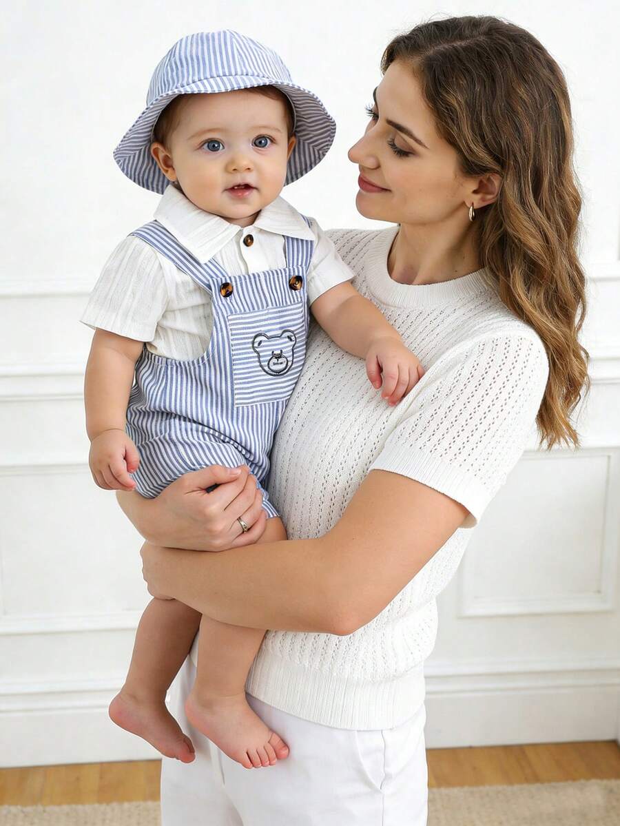 SHEIN Baby Boys' Blue & White Striped Bear Graphic Overalls Set With White Casual Shirt, Suitable For Daily Outings, Family Gatherings, Photo Shoots, Casual Trips, Valentine's Day Outfit - Blue - View 1