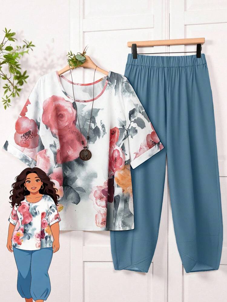 Plus Size Summer 2pcs Floral Print Round Neck Short Sleeve Top And Pants Spring Set,Holiday Outfits,Flower/Vacation