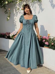 GalTyme 大码女式牛仔连衣裙，系带设计，泡泡袖，优雅 - 藍色 - 查看 5