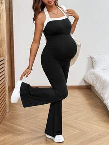 SHEIN Bộ áo liền quần bầu mùa hè kiểu dáng thường ngày, phối màu tương phản, hở lưng, cổ yếm. - Đen và trắng - Xem 3