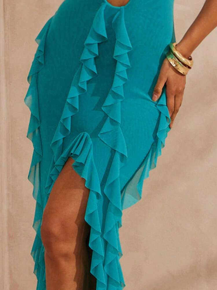 SHEIN Haute Women's Sexy Turquoise Color Backless Halter Cut Out Mermaid Maxi Dress With Ruffle Detail - Blue - View 6