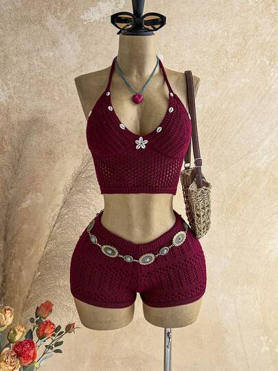 Soleia 女士夏季新款贝壳装饰吊带针织上衣和短裤两件套