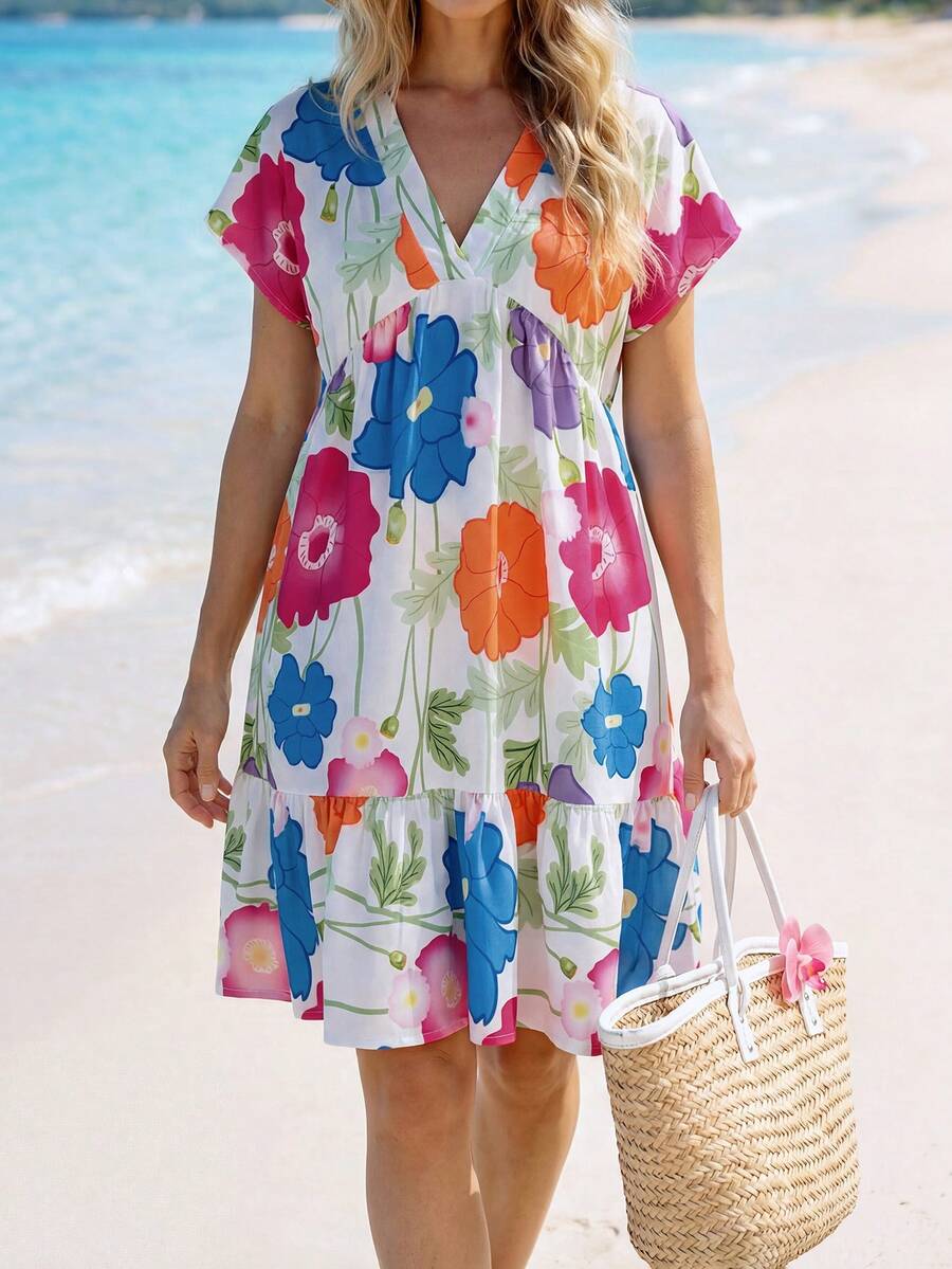Sylviya 大码女式V领印花褶皱休闲度假迷你连衣裙，夏季 - 彩色 - 查看 1