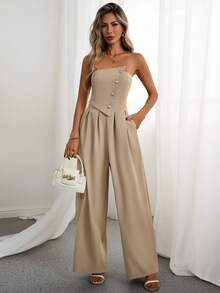 Rafferiza Fashionable Sexy Strapless Sleeveless Metal Buckle Jumpsuit - Khaki - View 4