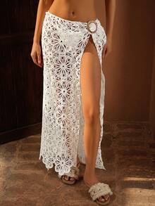 Swim Chiccia 女士度假沙滩配套遮阳扣装饰纯色蕾丝镂空花卉饰边连体度假罩衫和优雅半身裙 - 白色 - 查看 1
