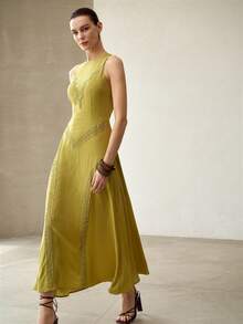 MOTF PREMIUM 2026 SUMMER NEW ARRIVAL FRENCH ELEGANT LINEN FLORAL PRINT SLEEVELESS A-LINE MIDI DRESS FOR WOMEN - Avocado Green - View 5