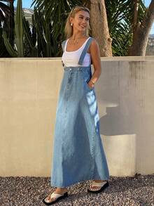 DAZY 女士休闲百搭口袋开衩牛仔连衣裙，适合约会和外出穿着，长款连衣裙 - 中等水洗藍 - 查看 5