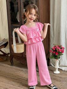 LMoss Kids Young Girl Elegant Ruffled Collar Cap Sleeve Top And Straight Leg Pants Set, Pink, Spring/Summer - Pink - View 3