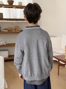 Dazy Kids Tween Boy Crew Neck Contrast Trim Front Button Long Sleeve Sweater Spring - Grey - View 6