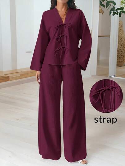 Firerie Women's Casual Chic  Elegant Tie Front Blouse And High Waist Elastic Loose Wide Leg Pants 2Pcs Set, Vacation Fashion Soft Lounge Set Summer Holiday