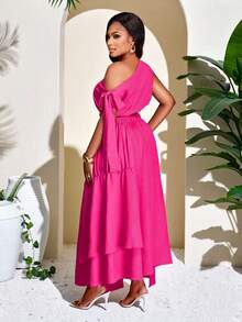 Brilight Hot Pink Elegant Woven Fabric Two Piece Outfit Women Asymmetrical Neck Crop Top With Ruffle Detail Skirt Set - Hot Pink - View 2