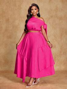 Brilight Hot Pink Elegant Woven Fabric Two Piece Outfit Women Asymmetrical Neck Crop Top With Ruffle Detail Skirt Set - Hot Pink - View 5