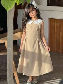 SHEIN Tween Girl Fashionable & Elegant Khaki Dress With White Peter Pan Collar Sleeveless Cinched Waist A-Line Midi Dress Tween Girls Casual Chic Commuter Elegant Khaki Dress - Khaki - View 4