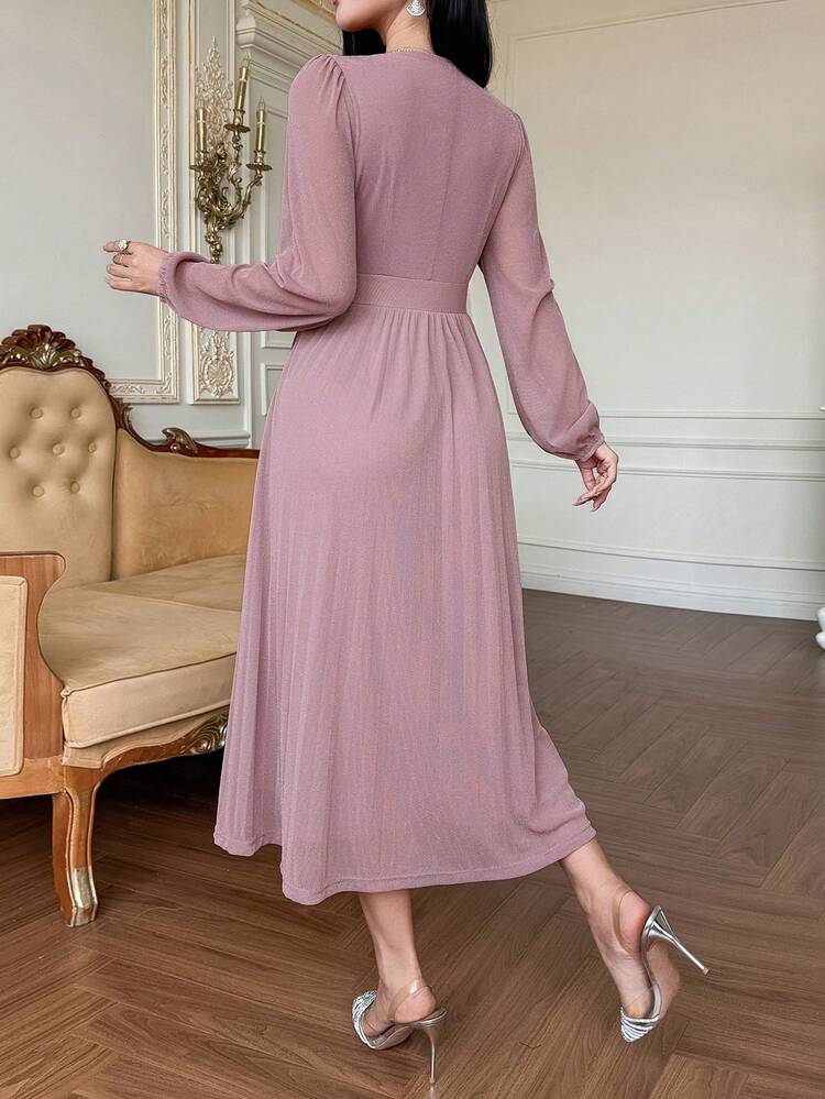 Women's Elegant Solid Color V-Neck Pleated Mid-Length Dress, Spring/Summer Maxi Dress Sundress