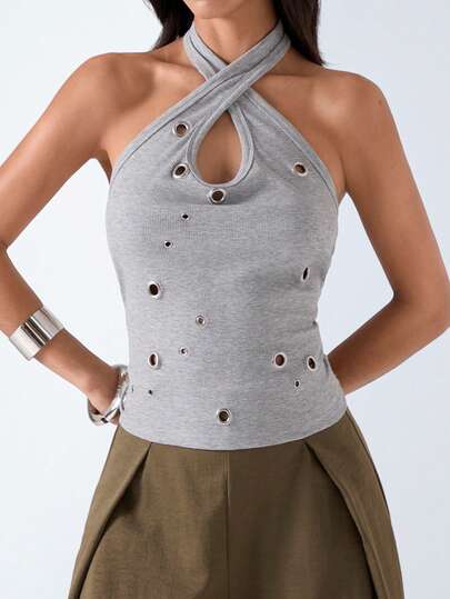 LYSMO 女士纯色镂空设计休闲吊带上衣