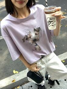 DAZY 女士休闲狗狗印花短袖T恤，夏季 - 紫色 - 查看 4